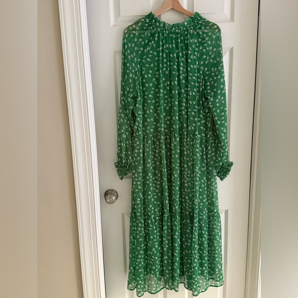 H&M Floral Flounce Green Chiffon Long Sleeve Maxi Dress sz M - Picture 2 of 8